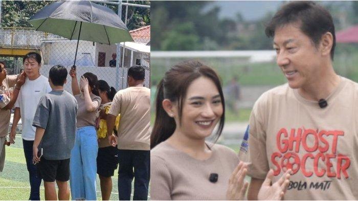 Mantan pelatih timnas sepak bola Indonesia, Shin Tae-yong (kaus putih) saat latihan adegan dalam syuting film Ghost Soccer: Bola Mati di daerah Subang, Jawa Barat, Minggu (19/1/2025).