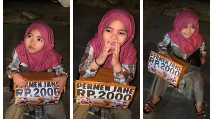 Kolase Foto bocah kelas 1 SD, Ainun berjualan permen jahe di Jalan Braga, Bandung. Ainun bocah penjual permen jahe tahan lapar demi makan bareng mama. Ia sempat menangis syok saat menghadapai Satpol PP.