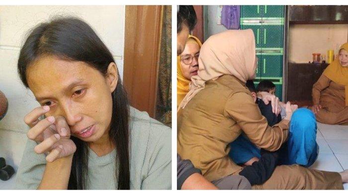 Siti Anita (kiri foto) dan Dinas Pendidikan (Disdik) Kota Cirebon yang dipimpin Kabid Pendidikan Dasar Dinas Pendidikan (Disdik) Kota Cirebon, Ade Cahyaningsih mendatangi rumah Arya, bocah yang alami depresi dari Kampung Gunungsari Bedeng, RT.4/7, Kelurahan Pekiringan, Kecamatan Kesambi, Kota Cirebon. Tampak Ade memeluk Arya (kanan foto).