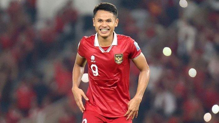 Reaksi penyerang Timnas Indonesia, Dimas Drajad setelah mencetak gol