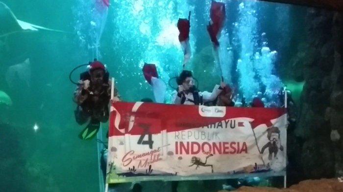 Gladi resik Kolone Bersenjata dan pengibaran bendera merah putih di Akuarium Sea World Ancol, Jakarta Utara, Senin (12/8/2019).