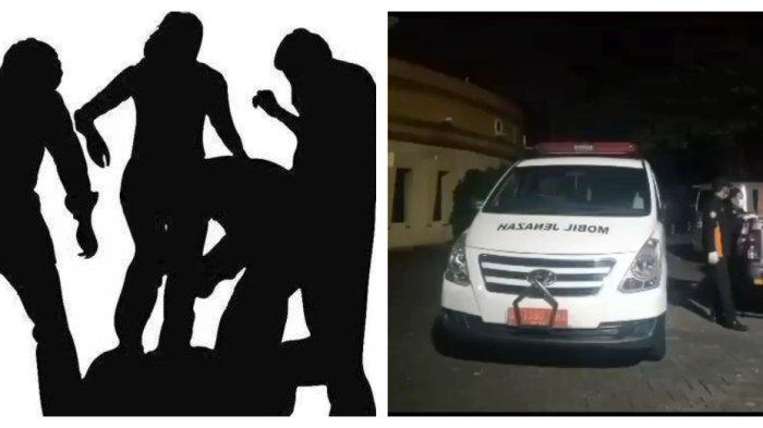 Kolase Foto ilustrasi pengeroyokan dan Mobil jenazah yang membawa Hasanuddin (42).