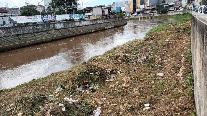 Timbunan lumpur yang nyaris menutupi setengah aliran Kali Ciliwung, Jatinegara, Jakarta Timur, Minggu (12/6/2022).