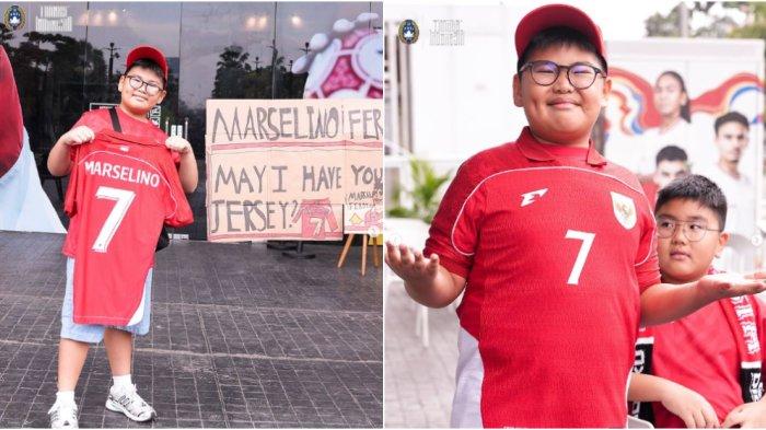 Sosok bocah yang diketahui bernama Kenneth itu kini mendapatkan balasan setimpal mendapatkan hadiah spesial jersey Timnas Indonesia dengan nama punggung Marselino.