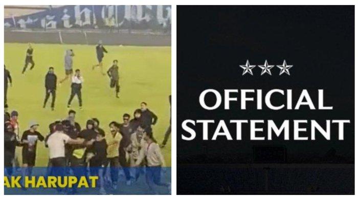 Kolase Foto kericuhan Bobotoh di Stadion Si Jalak Harupat Bandung dan pernyataan resmi Persib Bandung.