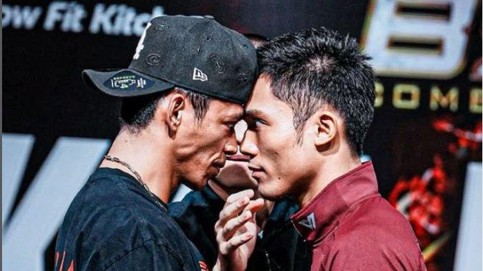 Aziz Calim (kanan) pemenang Byon Combat 5 berhasil taklukkan Kkajhe alias Jekson Karmela (kiri).