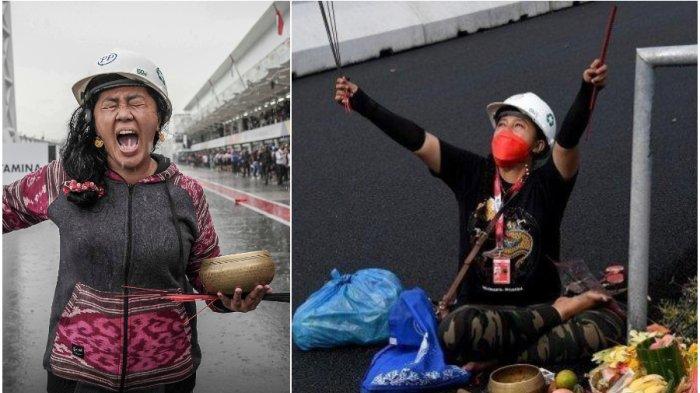 Pawang hujan Rara Isti Wulandari mati-matian berusaha menghentikan hujan deras jelang MotoGP, di Sirkuit Mandalika, pada Minggu (20/3/2022).