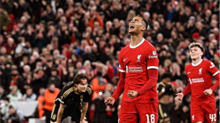 Selebrasi penyerang Liverpool, Cody Gakpo.