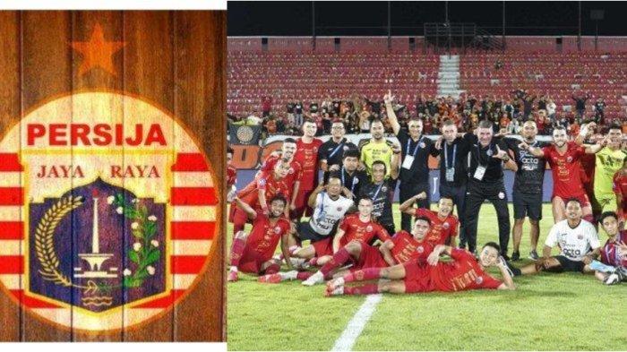 Kolase foto logo Persija Jakarta dan pemain, pelatih tim Macan Kemayoran berpose di Stadion Kapten I Wayan Dipta, Bali.