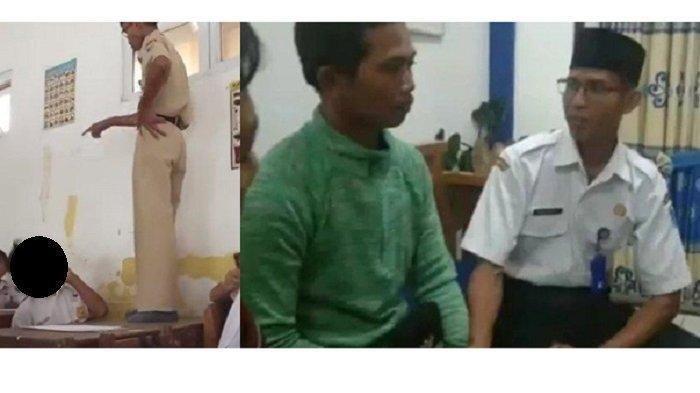 Tangkapan layar video guru menendang kepala siswa saat ujian di SMP Negeri 1 Karangawen, Demak / (kanan) Oknum guru berinisial WD yang menendang muridnya di kelas menyatakan permintaan maaf kepada pihak keluarga murid dan kasus berakhir damai, Rabu (12/6/2025).
