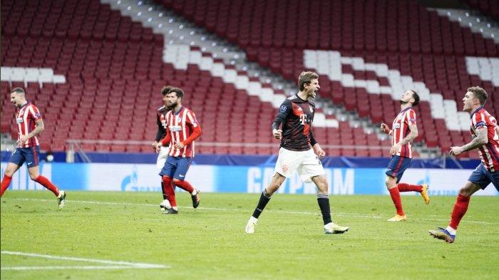 Thomas Mueller mencetak gol saat pertandingan Bayern Muenchen Vs Atletico Madrid di Stadion Wanda Metropolitano, Rabu (2/12/2020) dini hari WIB