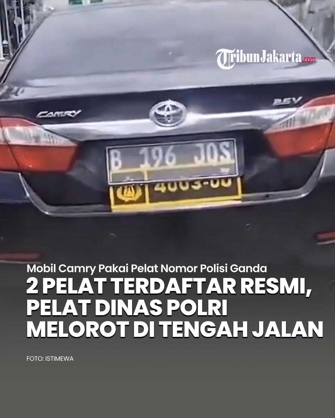 Sebuah video yang menampilkan mobil Toyota Camry berpelat ganda viral di media sosial. Pelat dinas Polri bernomor 4003-03 yang digunakan di mobil tersebut tiba-tiba melorot di tengah jalan.