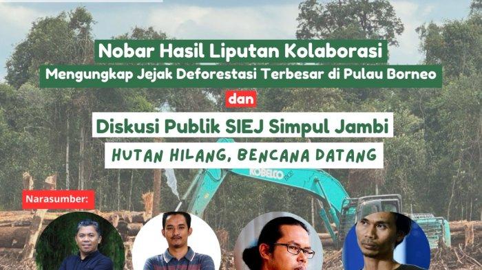 SIEJ Simpul Jambi menggelar nonton bareng (nobar) dan diskusi hasil liputan investigatif tentang kerusakan hutan Pulau Borneo, Kalimantan. Diskusi dan nobar ini berlangsung di kedai kopi yang berada di Telanaipura, Kota Jambi, Sabtu (1/6/2024).