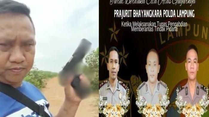 PELAKU PENEMBAKAN 3 POLISI - Kolase foto Kopka Basar pamer senjata api sebelum ditangkap diduga tembak 3 polisi di Lampung saat penggerebekan sabung ayam di Lampung, Senin (17/03/2025) kemarin, kini dirinya sudah berhasil diamankan