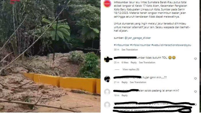 Jalan Lintas Provinsi yang menghubungkan Sumatera Barat dengan Riau di Lima Puluh Kota putus akibat longsor, Senin (18/12/2023).