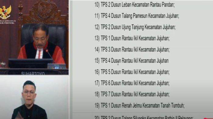 BACAKAN PUTUSAN: Hakim Mahkamah Konstitusi (MK) membacakan putusan Pilkada BUngo, Senin (24/2/2025). Sebanyak 21 TPS di Kabupaten Bungo yang akan melakukan pemungutan suara ulang (PSU). (Capture Youtube Mahkamah Konstitusi)