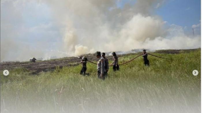 KEBAKARAN - Kebakaran hutan dan lahan (karhutla) di  Jalan Lintas Jambi-Kua Tungkal, tepatnya di Desa Pematang Lumur, Kecamatan Betara, Kabupaten Tanjung Jabung Barat, Jambi. Kabarnya lahan yang terbakar milik perusahaan
