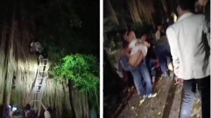 EVAKUASI - Proses evakuasi seorang pria yang hilang ditemukan di atas pohon beringin besar, kejadian di Kecamatan Petir, Kabupaten Serang, Banten, Minggu, 23 Maret 2025.