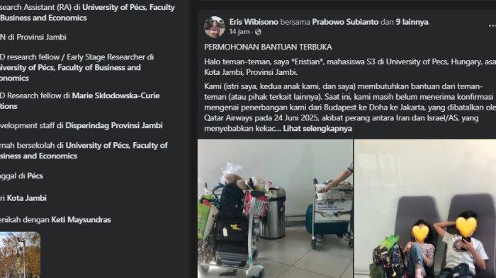 Unggahan Eristian Wibisana, mahasiswa S3 asal Jmabi yang terjebak di Budapest tanpa kepastian, imbas perang Iran vs Israel/AS. Penerbangan dibatalkan Qatar Airways