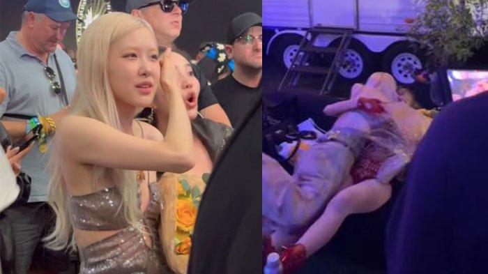 ROSE DAN LISA - Tampak Rose dengan pakaian casual santai dan rambut blonde ikoniknya, membawa buket bunga kuning untuk Lisa BLACKPINK saat Tampil di Coachella 2025.