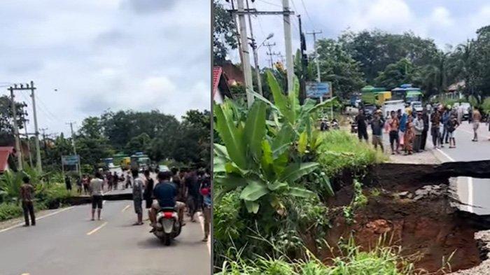 PUTUS TOTAL - Jalan di Kecamatan Jujuhan, Kabupaten Bungo, Jambi yang menghubungkan Jambi-Padang putus total pada Minggu (2/3/2025).