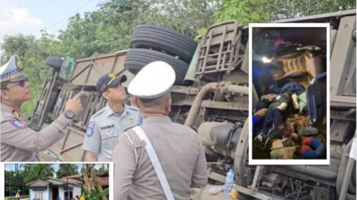 Kecelakaan maut bus rombongan jemaah umrah Jambi di Jalan Lintas Jambi-Palembang Km 142, Desa Peninggalan, Kecamatan Tungkal Jaya, Kabupaten Musi Banyuasin (Muba), Selasa (29/7/2025). Empat warga Jambi meninggal akibat peristiwa tersebut.