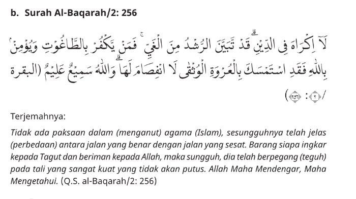 Alquran surat Al-Baqarah/2:256 untuk kunci jawaban PAI SD Kelas 5 Kurikulum Merdeka semester 2 Buku Pendidikan Agama Islam dan Budi Pekerti Halaman 141 Tabel Aktivitasku BAB 6 