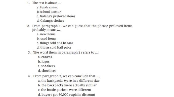 Berikut kunci jawaban Bahasa Inggris untuk SMP Kelas 9 Buku English For Nusantara Kurikulum Merdeka Halaman 237 Worksheet 4.14 Section 3 Reading, Unit 2. They're on Sale! pada Chapter 4 Upcycling Used Materials.