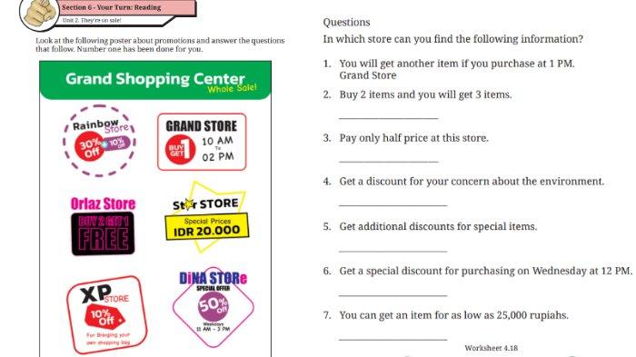 Berikut kunci jawaban Bahasa Inggris untuk SMP Kelas 9 Buku English For Nusantara Kurikulum Merdeka Halaman 242 Worksheet 4.18 Section 6 Your Turn: Reading, Unit 2. They're on Sale! pada Chapter 4 Upcycling Used Materials.