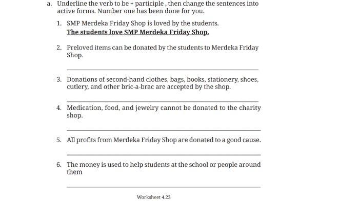Worksheet 4.23 untuk kunci jawaban Bahasa Inggris SMP Kelas 9 Buku English For Nusantara Kurikulum Merdeka Halaman 251 poin a Section 3 Language Focus, Unit 3. Let's Donate pada Chapter 4 Upcycling Used Materials.
