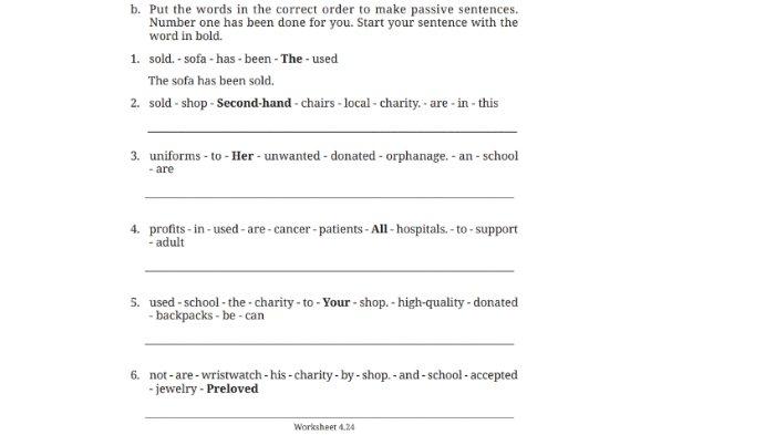 Worksheet 4.24 untuk kunci jawaban Bahasa Inggris SMP Kelas 9 Buku English For Nusantara Kurikulum Merdeka Halaman 252 poin b Section 3 Language Focus, Unit 3. Let's Donate pada Chapter 4 Upcycling Used Materials.