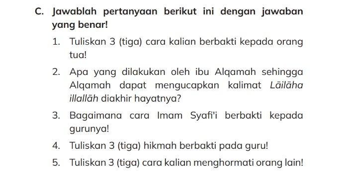 Gambar soal untuk kunci jawaban Pendidikan Agama Islam (PAI) Kelas III (3) SD/MI Kurikulum Merdeka Semester 1 bagian soal uraian atau esai C. Kuuji Kemampuanku halaman 87 Bab 3 Perilaku Terpuji Adalah Kepribadianku.