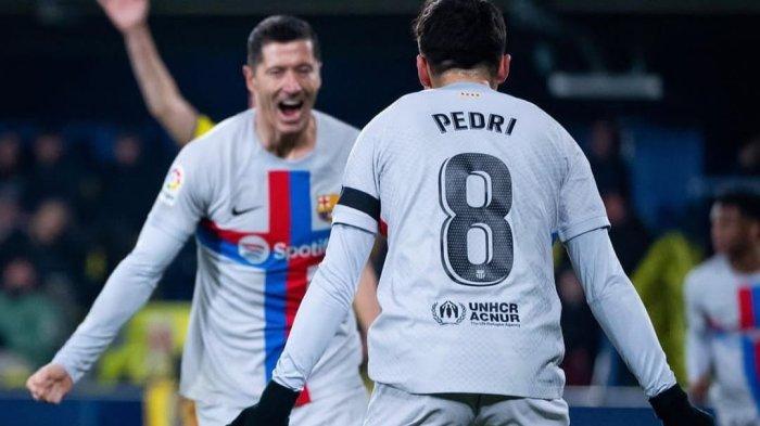 perayaan Gol Pedri dan Lewandowski di Barcelona saat menghadapi Villareal di La Liga Spanyol pada Senin (13/2/2023) dini hari.