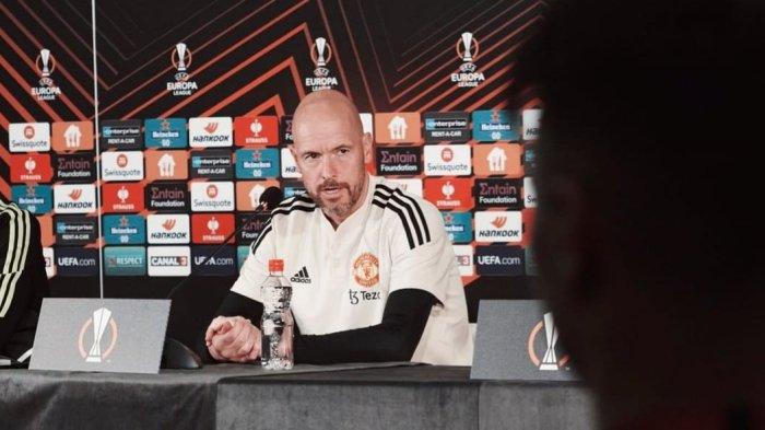 Pelatih Manchester United Erik ten Hag dalam konferensi pers jelangf laga melawan FC Sheriff di Liga Europa, pada Kamis (15/9/2022).
