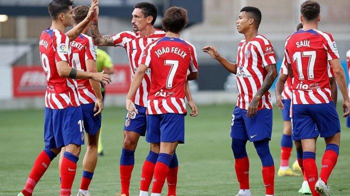 Pemain Atlletico Madrid selebrasi usai mencetak gol ke gawang Juventus, termasuk Alvaro Morata