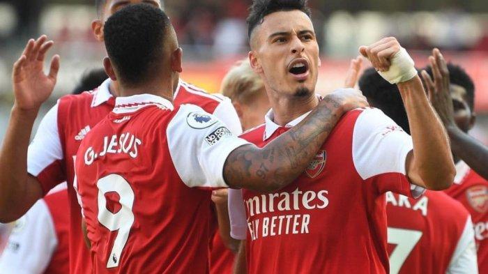 Para pemain Arsenal Merayakan Gol yang berhasil mereka cetak di Liga Premier Inggris. Tim Mikel Arteta akan kembali berhadapan dengan Fulham pada Sabtu (27/8/2022) malam.