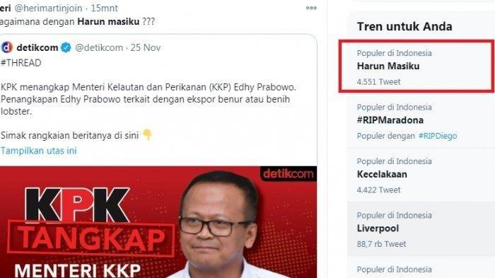 Nama Harun Masiku yang masih buron jadi trending di Twitter.