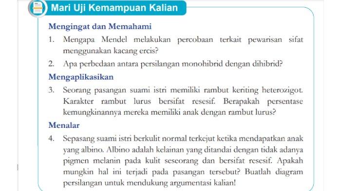 Gambar soal untuk kunci jawaban Ilmu Pengetahuan Alam (IPA) Kelas 9 SMP Kurikulum Merdeka bagian Mari Uji Kemampuan Kalian BAB 6 Pewarisan Sifat dan Bioteknologi halaman 150.
