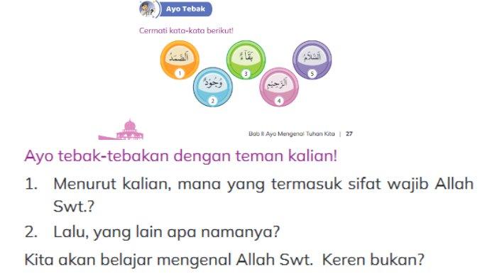 Gambar soal untuk kunci jawaban Pendidikan Agama Islam (PAI) Kelas III (3) SD Kurikulum Merdeka bagian Ayo Tebak Bab 2 Ayo Mengenal Tuhan Kita halaman 27-28.