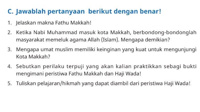 Gambar soal untuk kunci jawaban Pendidikan Agama Islam (PAI) Kelas V (5) SD Kurikulum Merdeka semester 1 bagian C. soal esai Ayo Berlatih Bab 5 Meneladani Perjuangan Rasulullah halaman 129.