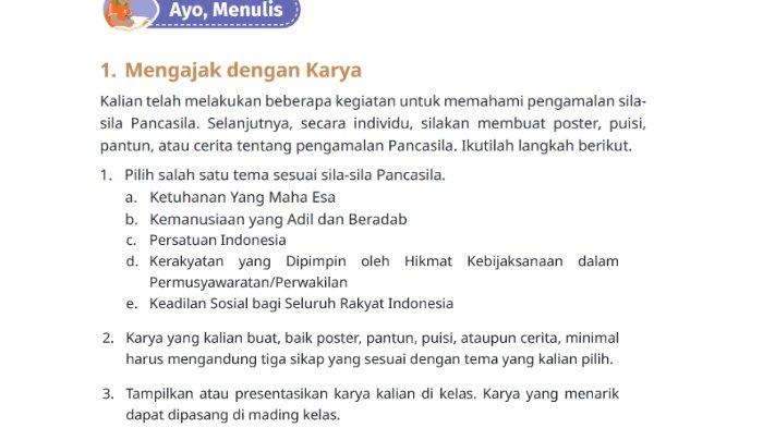 Gambar soal untuk kunci jawaban Pendidikan Pancasila atau Pendidikan Kewarganegaraan (PKN) Kelas VI (6) SD/MI Kurikulum Merdeka bagian Ayo Menulis halaman 40-41 Bab 2 Mengamalkan Pancasila untuk Kebahagiaan Bersama.