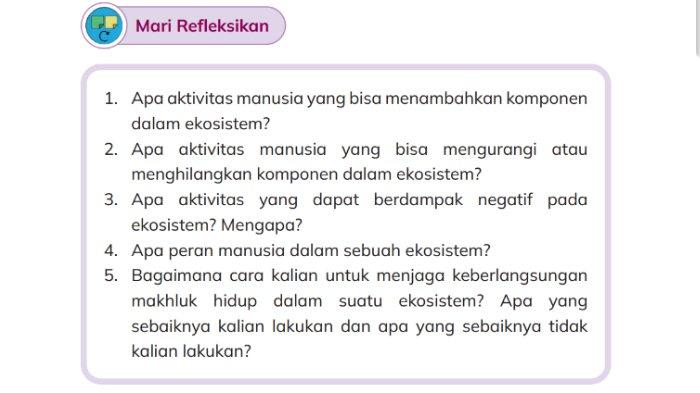 Gambar soal untuk kunci jawaban Ilmu Pengetahuan Alam dan Sosial (IPAS) Kelas III (3) SD/MI Kurikulum Merdeka semester 1 Bab 3 Hidup Bersama Alam bagian Mari Refleksikan halaman 75.