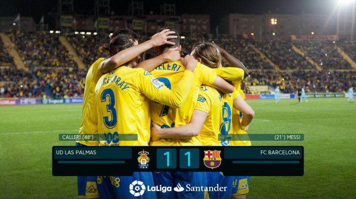 Selebrasi gol Las Palmas ke gawang Barcelona, Jumat (2/3/2018).