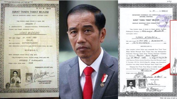 IJAZAH JOKOWI - Kolase Ijazah Jokowi (kanan SMA, kiri SMP). Tengah potret Joko Widodo Presiden ke-7 RI