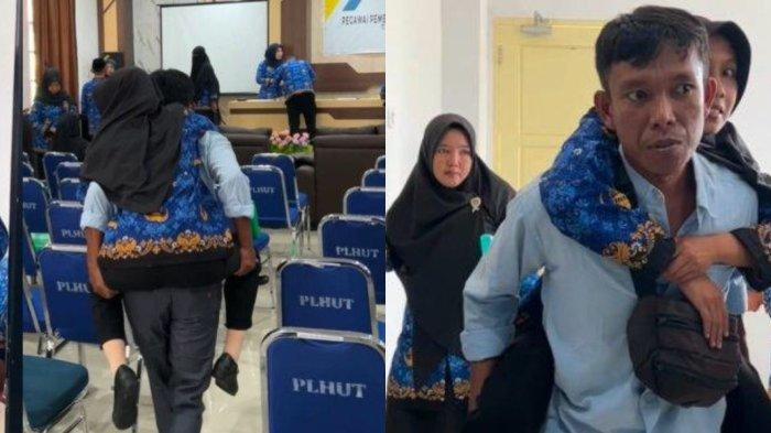 VIRAL DIGENDONG SUAMI - Fadly menggendong istrinya, Evi Nurjannah, menuju aula pelantikan PPPK Kemenag Luwu Timur, Selasa (27/5/2025). Momen haru ini viral dan menyentuh banyak hati.