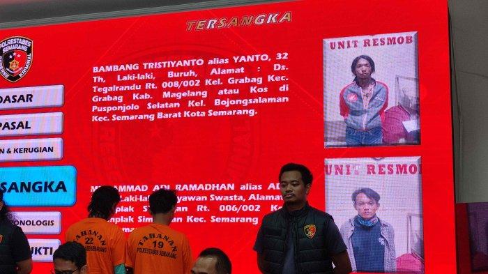 MABUK BERUJUNG MAUT - Dua tersangka pengeroyokan maut di Semarang saat konferensi pers di Mapolrestabes Semarang, Rabu (11/6/2025). 