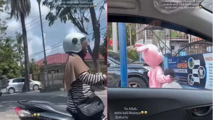 Tangkapan layar video viral dua anak kecil disuruh mengemis oleh ibunya di Kota Pekanbaru, Riau, Selasa (17/6/2025). Ibu tersebut tampak menunggangi sepeda motor berharga, yaitu Nmax.