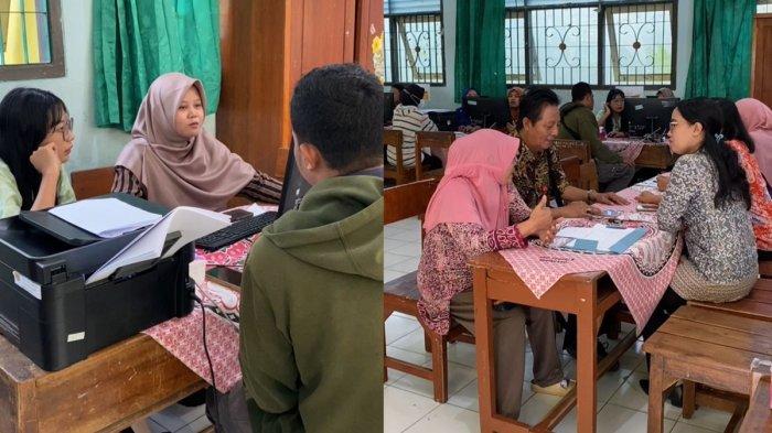 PASANG SPANDUK - Panitia SPMB 2025 SMPN 5 Semarang memasang spanduk tata tertib di pintu gerbang utama sekolah setelah menemui calon murid baru (CMB) dan orang tuanya kurang tertib dalam hal kerapian berpakaian saat mendatangi sekolah untuk proses pendaftaran online, Selasa (24/6/2025).