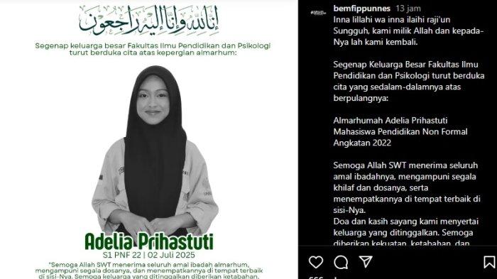 UNNES BERDUKA - Mahasiswi Universitas Negeri Semarang (UNNES) Adelia Prihastuti (21) tewas mengenaskan usai mengalami kecelakaan maut terjadi di Jalur Pantura Bulakamba, Kabupaten Brebes, Rabu (2/7/2025). Dok IG @bemfippunnes