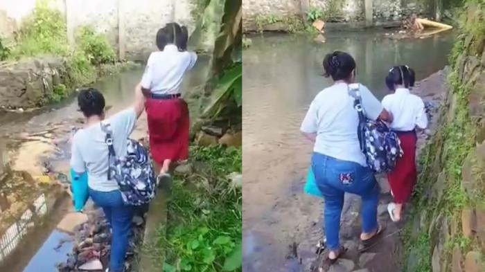 Bocah berinisial JIS (8), siswa kelas II SDN 01 Sampangan, Kecamatan Gajahmungkur, Kota Semarang, berangkat ke sekolah melewati sungai. (Instagram/im.semarang_official)